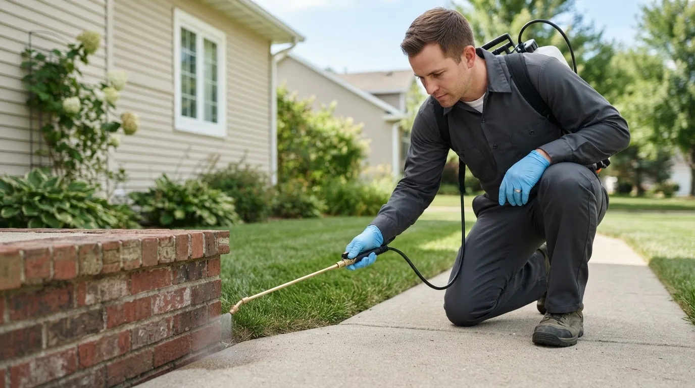 Pest control technician treating a home near Bunker Hill, KS